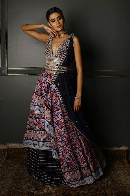 Aditi Gupta_Blue Lehenga Handwoven Banarasi Blouse Pure Silk Asymmetric Draped Set _Online_at_Aza_Fashions
