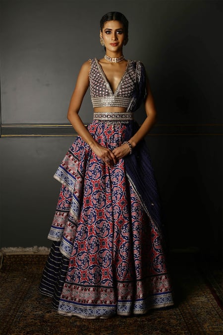Buy_Aditi Gupta_Blue Lehenga Handwoven Banarasi Blouse Pure Silk Asymmetric Draped Set _Online_at_Aza_Fashions