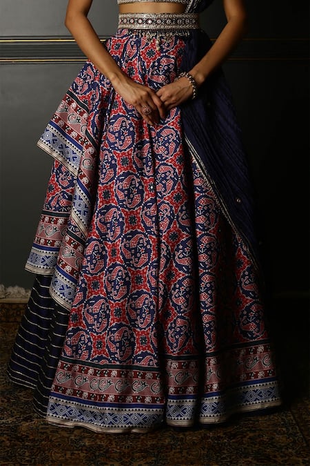 Shop_Aditi Gupta_Blue Lehenga Handwoven Banarasi Blouse Pure Silk Asymmetric Draped Set _Online_at_Aza_Fashions