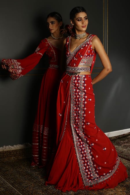 Aditi Gupta_Red Saree Textured Georgette Blouse Silk Gota, Pre-draped With Embroidered _Online_at_Aza_Fashions