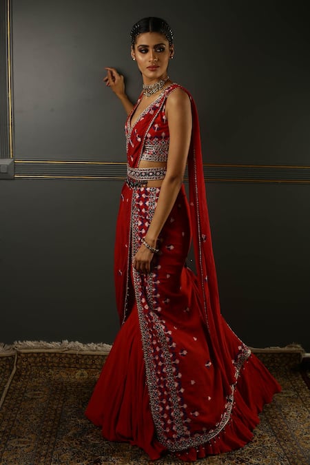 Buy_Aditi Gupta_Red Saree Textured Georgette Blouse Silk Gota, Pre-draped With Embroidered _Online_at_Aza_Fashions