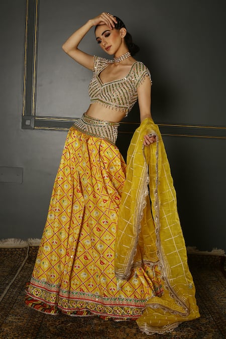 Aditi Gupta Yellow Banarasi Silk Embroidered Resham V Neck Box Pleated Lehenga Set 