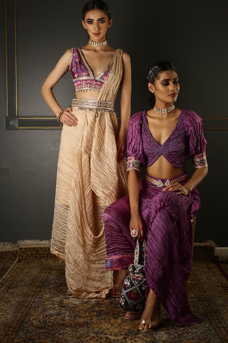 Aditi Gupta Puff Sleeve Blouse & Draped Skirt Set 