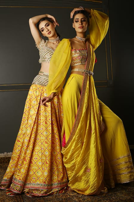 Aditi Gupta_Yellow Sharara Georgette Dupatta Silk Blouse Set Crushed _Online_at_Aza_Fashions