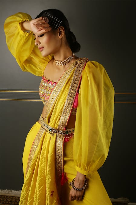 Shop_Aditi Gupta_Yellow Sharara Georgette Dupatta Silk Blouse Set Crushed _Online_at_Aza_Fashions