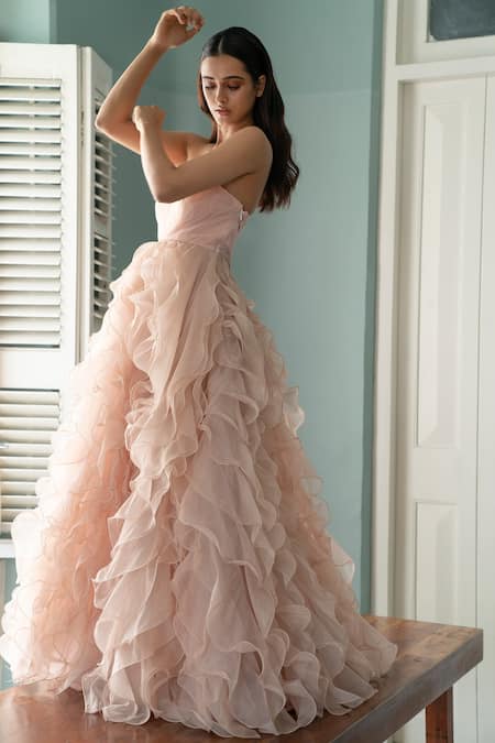 Buy Pink Silk Organza Sweetheart Neck Ruffled Gown For Women by Shivani  Awasty Online at Aza Fashions.