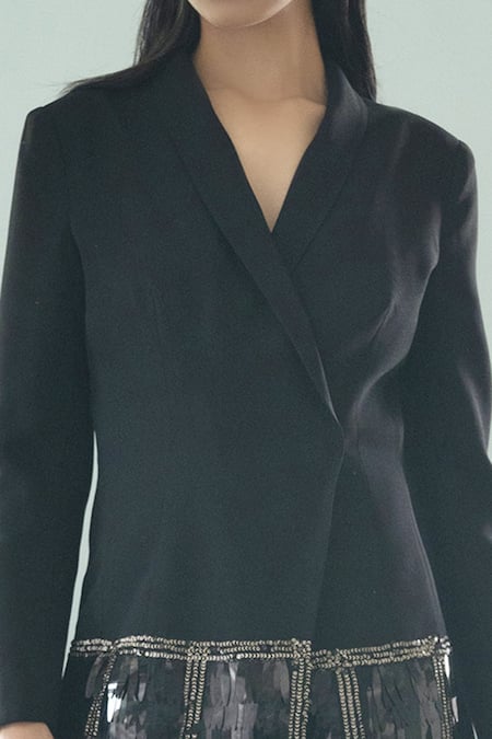 Shivani Awasty Black Poly Blend Crepe Sequin V Neck Collar Embroidered Blazer Dress Online at Aza Fashions Shivani Awasty_Black Poly Blend Crepe Sequin V Neck Collar Embroidered Blazer Dress _Online_at_Aza_Fashions