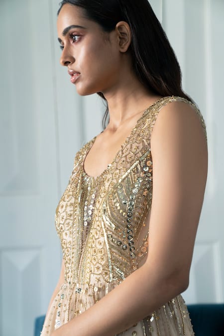 Buy Shivani Awasty Gold Net Sequin, Bead Round Embroidered Skater Dress Online at Aza Fashions Buy_Shivani Awasty_Gold Net Sequin, Bead Round Embroidered Skater Dress _Online_at_Aza_Fashions