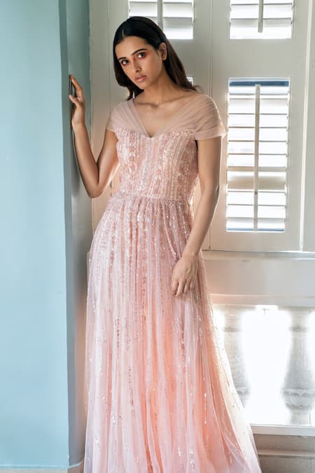 Shop Shivani Awasty Pink Net Crystal, Sequin, Bead One Shoulder Embroidered Dress at Aza Fashions Shop_Shivani Awasty_Pink Net Crystal, Sequin, Bead One Shoulder Embroidered Dress _at_Aza_Fashions