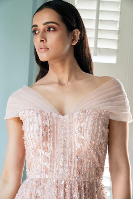 Shivani Awasty Pink Net Crystal, Sequin, Bead One Shoulder Embroidered Dress Online at Aza Fashions Shivani Awasty_Pink Net Crystal, Sequin, Bead One Shoulder Embroidered Dress _Online_at_Aza_Fashions