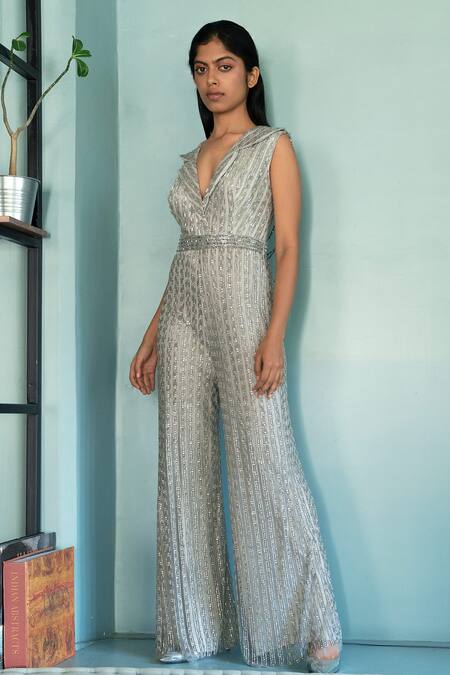 Shivani Awasty_Silver Net Crystal, Sequin, Bead V Neck Collar Embroidered Sheer Back Jumpsuit _Online_at_Aza_Fashions