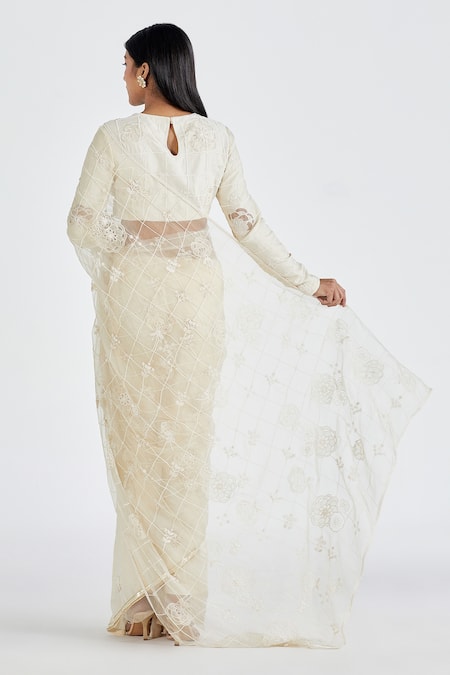Shop Megha Bansal Beige Organza, Chanderi Nimrit Handcrafted Saree With Blouse at Aza Fashions Shop_Megha Bansal_Beige Organza, Chanderi Nimrit Handcrafted Saree With Blouse _at_Aza_Fashions