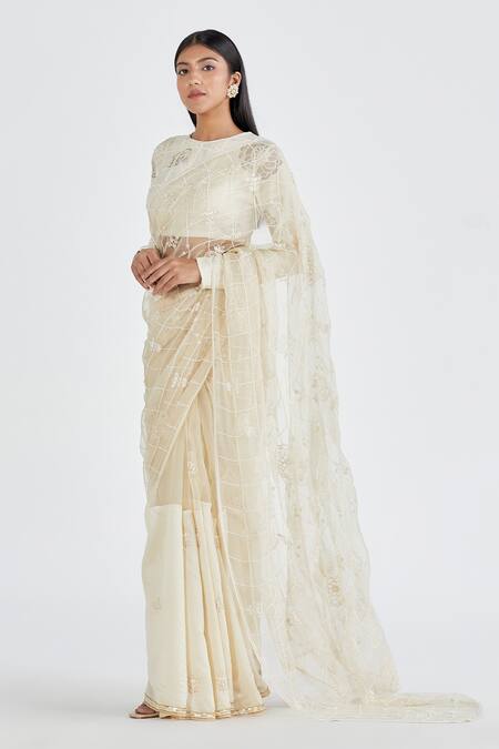 Megha Bansal Beige Organza, Chanderi Nimrit Handcrafted Saree With Blouse Online at Aza Fashions Megha Bansal_Beige Organza, Chanderi Nimrit Handcrafted Saree With Blouse _Online_at_Aza_Fashions