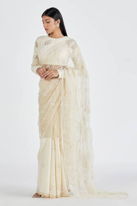 Buy Megha Bansal Beige Organza, Chanderi Nimrit Handcrafted Saree With Blouse Online at Aza Fashions Buy_Megha Bansal_Beige Organza, Chanderi Nimrit Handcrafted Saree With Blouse _Online_at_Aza_Fashions