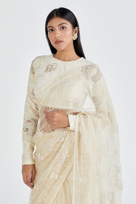 Shop Megha Bansal Beige Organza, Chanderi Nimrit Handcrafted Saree With Blouse Online at Aza Fashions Shop_Megha Bansal_Beige Organza, Chanderi Nimrit Handcrafted Saree With Blouse _Online_at_Aza_Fashions