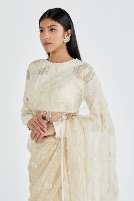 Megha Bansal Beige Organza, Chanderi Nimrit Handcrafted Saree With Blouse at Aza Fashions Megha Bansal_Beige Organza, Chanderi Nimrit Handcrafted Saree With Blouse _at_Aza_Fashions
