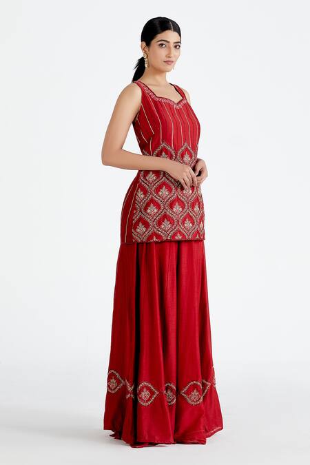 Megha Bansal_Red Organza, Chanderi V Neck Kurta Lehenga Set_Online_at_Aza_Fashions