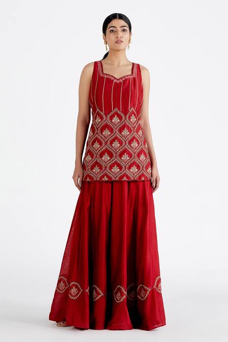 Buy Megha Bansal Red Organza, Chanderi Pearl, Shabnam Embroidered Kurta Lehenga Set Online at Aza Fashions Buy_Megha Bansal_Red Organza, Chanderi Pearl, Shabnam Embroidered Kurta Lehenga Set _Online_at_Aza_Fashions