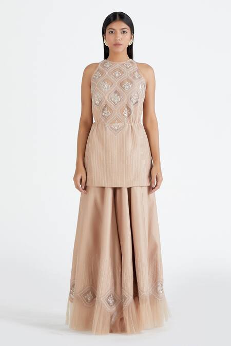 Buy Megha Bansal Pink Organza, Chanderi Pearls, Shabnam Applique Kurta Sharara Set Online at Aza Fashions Buy_Megha Bansal_Pink Organza, Chanderi Pearls, Shabnam Applique Kurta Sharara Set _Online_at_Aza_Fashions