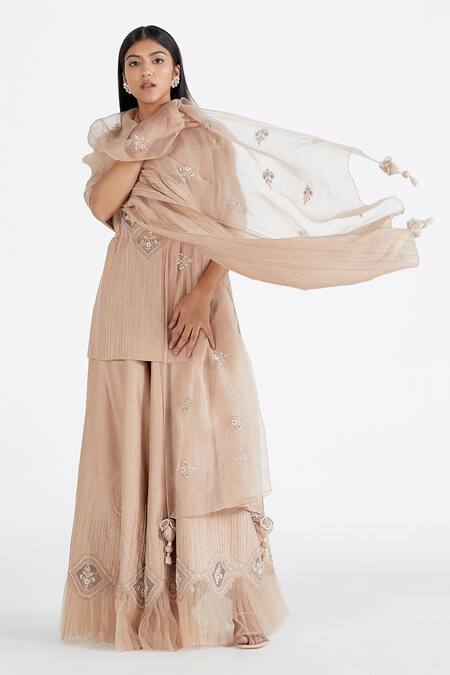 Shop Megha Bansal Pink Organza, Chanderi Pearls, Shabnam Applique Kurta Sharara Set Online at Aza Fashions Shop_Megha Bansal_Pink Organza, Chanderi Pearls, Shabnam Applique Kurta Sharara Set _Online_at_Aza_Fashions