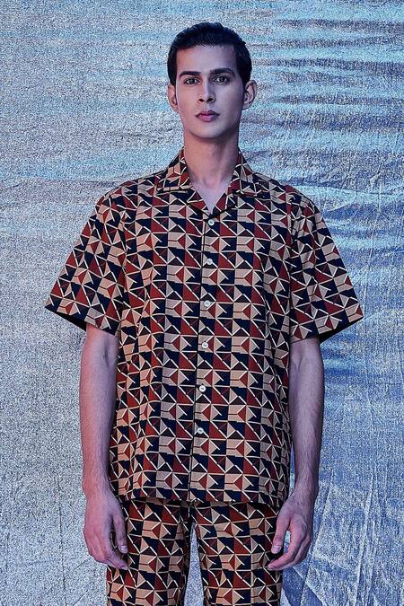 Shop_Line Out Line_Brown Cotton Poplin Print Chevron Geo Resort Shirt_Online_at_Aza_Fashions