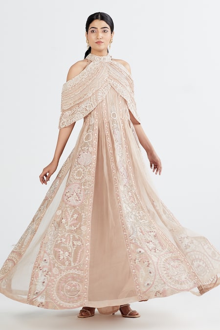 Megha Bansal Pink Organza, Chanderi Sequin, Almora Embroidered Anarkali With Cape 