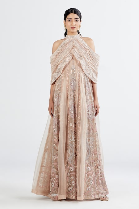 Shop Megha Bansal Pink Organza, Chanderi Sequin, Almora Embroidered Anarkali With Cape Online at Aza Fashions Shop_Megha Bansal_Pink Organza, Chanderi Sequin, Almora Embroidered Anarkali With Cape _Online_at_Aza_Fashions