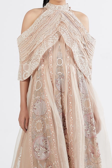 Megha Bansal Pink Organza, Chanderi Sequin, Almora Embroidered Anarkali With Cape at Aza Fashions Megha Bansal_Pink Organza, Chanderi Sequin, Almora Embroidered Anarkali With Cape _at_Aza_Fashions