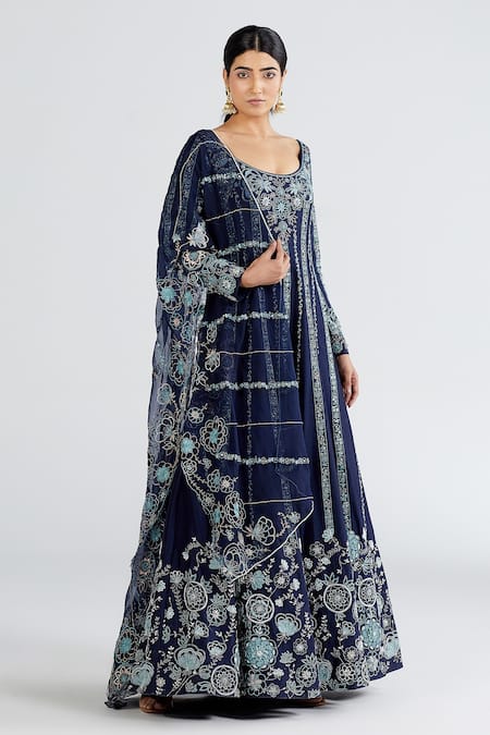 Megha Bansal Blue Organza, Chanderi Floral, Neel Bahaar Anarkali Kurta With Dupatta 