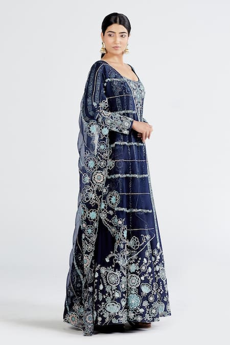 Shop Megha Bansal Blue Organza, Chanderi Floral, Neel Bahaar Anarkali Kurta With Dupatta Online at Aza Fashions Shop_Megha Bansal_Blue Organza, Chanderi Floral, Neel Bahaar Anarkali Kurta With Dupatta _Online_at_Aza_Fashions