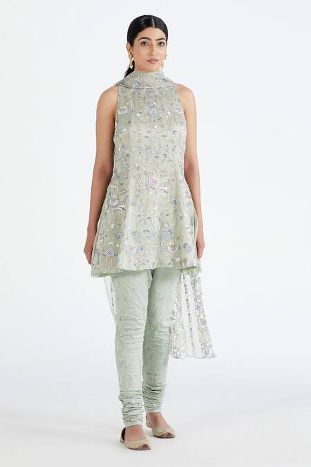 Megha Bansal_Green Lycra, Silk Organza Floral, Jaal Work Pista Gulkaari Embroidered Kurta Set _Online_at_Aza_Fashions