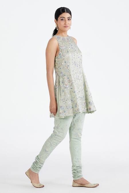 Buy_Megha Bansal_Green Lycra, Silk Organza Floral, Jaal Work Pista Gulkaari Embroidered Kurta Set _Online_at_Aza_Fashions