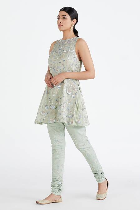 Shop_Megha Bansal_Green Lycra, Silk Organza Floral, Jaal Work Pista Gulkaari Embroidered Kurta Set _Online_at_Aza_Fashions