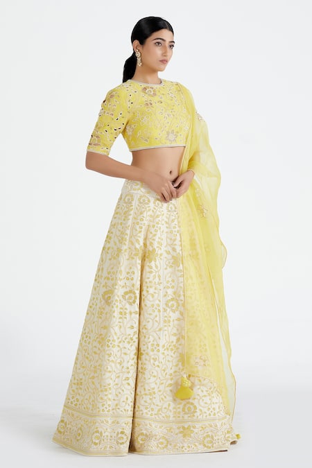 Megha Bansal_Yellow Organza, Chanderi Floral, Applique Work Bridal Lehenga Set _Online_at_Aza_Fashions