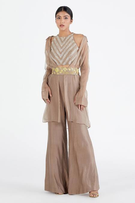 Megha Bansal_Grey Organza, Chanderi Floral Motifs, Sheer And Kurta Palazzo Set_Online_at_Aza_Fashions