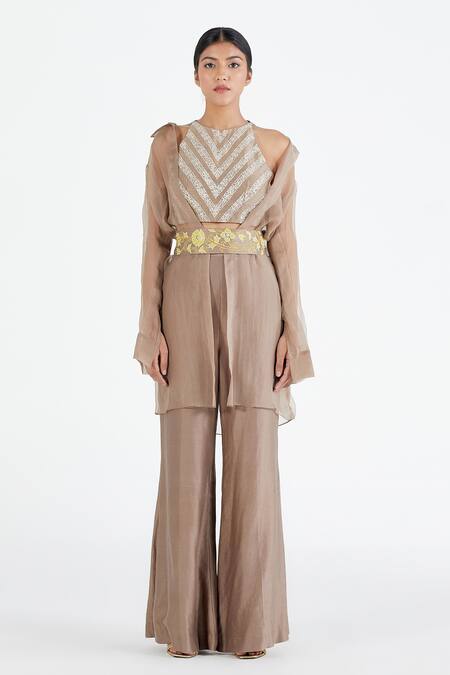 Buy_Megha Bansal_Grey Organza, Chanderi Floral Motifs, Sheer And Kurta Palazzo Set_Online_at_Aza_Fashions