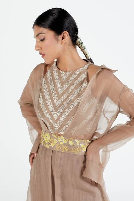 Shop_Megha Bansal_Grey Organza, Chanderi Floral Motifs, Sheer And Kurta Palazzo Set_Online_at_Aza_Fashions