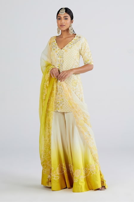 Megha Bansal_White Organza, Chanderi Floral, Amalta Applique Work Kurta Sharara Set _Online_at_Aza_Fashions