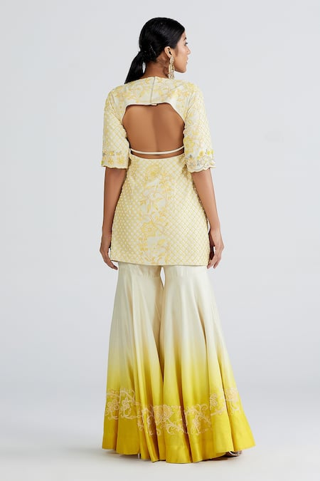 Shop_Megha Bansal_White Organza, Chanderi Floral, Amalta Applique Work Kurta Sharara Set _at_Aza_Fashions