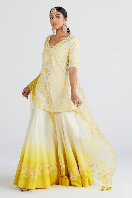 Buy_Megha Bansal_White Organza, Chanderi Floral, Amalta Applique Work Kurta Sharara Set _Online_at_Aza_Fashions