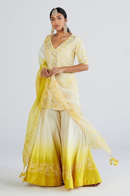 Shop_Megha Bansal_White Organza, Chanderi Floral, Amalta Applique Work Kurta Sharara Set _Online_at_Aza_Fashions