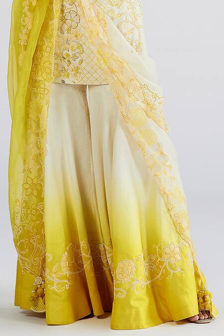 Megha Bansal_White Organza, Chanderi Floral, Amalta Applique Work Kurta Sharara Set _at_Aza_Fashions