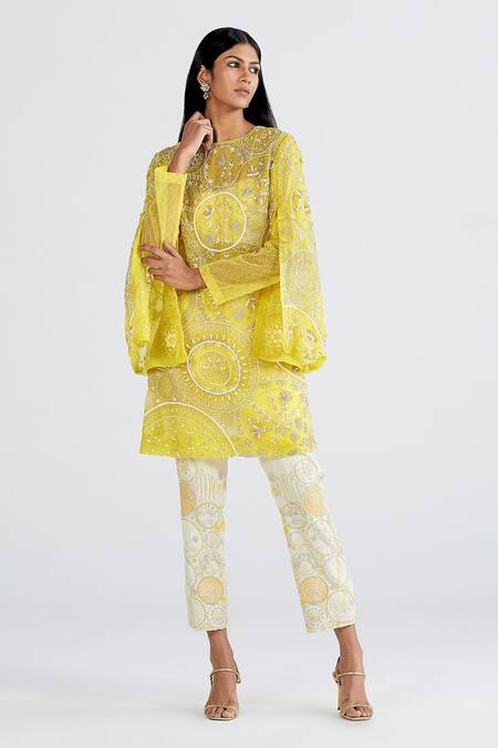 Shop Megha Bansal Yellow Organza, Chanderi Noor Vrit Embroidered Kurta And Pant Set Online at Aza Fashions Shop_Megha Bansal_Yellow Organza, Chanderi Noor Vrit Embroidered Kurta And Pant Set _Online_at_Aza_Fashions