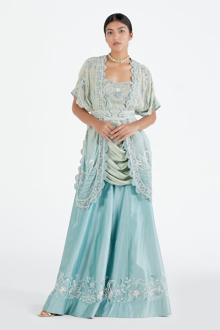 Megha Bansal Blue Organza, Chanderi Floral, Thread Iyla Hans Cape And Sharara Set 