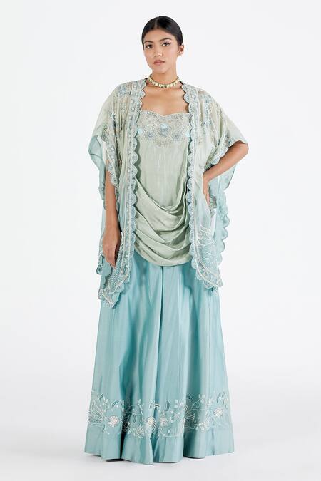 Megha Bansal Blue Organza, Chanderi Floral, Thread Iyla Hans Cape And Sharara Set Online at Aza Fashions Megha Bansal_Blue Organza, Chanderi Floral, Thread Iyla Hans Cape And Sharara Set _Online_at_Aza_Fashions