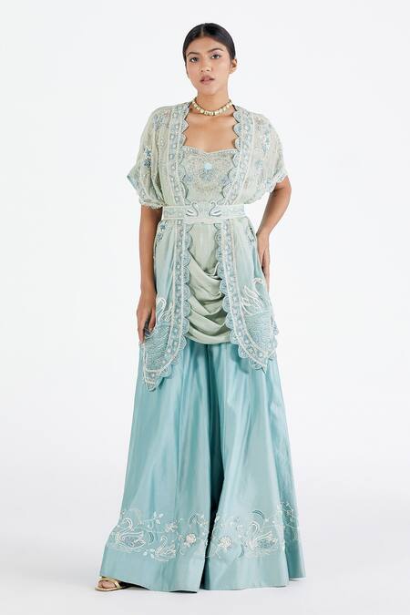 Buy Megha Bansal Blue Organza, Chanderi Floral, Thread Iyla Hans Cape And Sharara Set Online at Aza Fashions Buy_Megha Bansal_Blue Organza, Chanderi Floral, Thread Iyla Hans Cape And Sharara Set _Online_at_Aza_Fashions