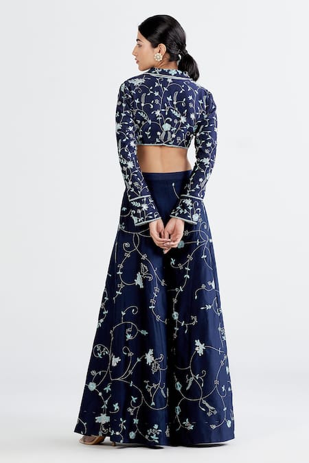 Shop Megha Bansal Blue Silk Chanderi Floral, Pearl, Neel Zoya Embroidered Blouse And Palazzo Set at Aza Fashions Shop_Megha Bansal_Blue Silk Chanderi Floral, Pearl, Neel Zoya Embroidered Blouse And Palazzo Set _at_Aza_Fashions
