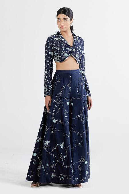 Megha Bansal Blue Silk Chanderi Floral, Pearl, Neel Zoya Embroidered Blouse And Palazzo Set Online at Aza Fashions Megha Bansal_Blue Silk Chanderi Floral, Pearl, Neel Zoya Embroidered Blouse And Palazzo Set _Online_at_Aza_Fashions