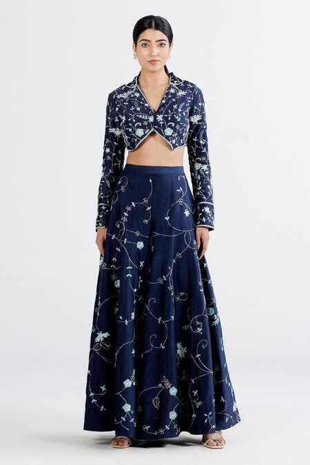 Buy Megha Bansal Blue Silk Chanderi Floral, Pearl, Neel Zoya Embroidered Blouse And Palazzo Set Online at Aza Fashions Buy_Megha Bansal_Blue Silk Chanderi Floral, Pearl, Neel Zoya Embroidered Blouse And Palazzo Set _Online_at_Aza_Fashions