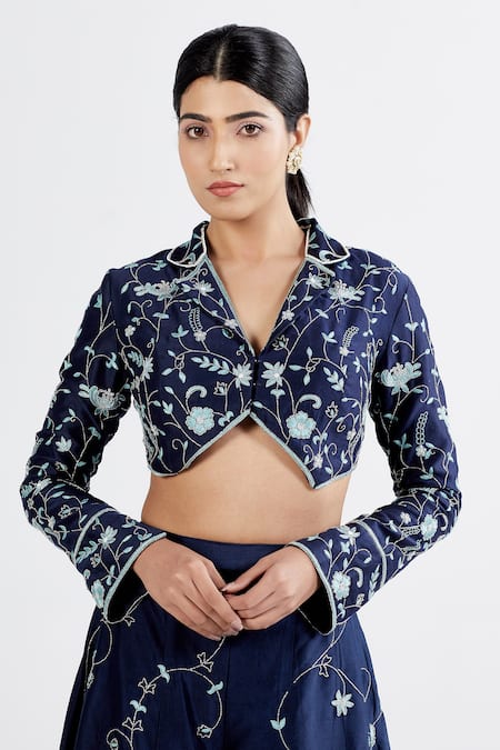 Shop Megha Bansal Blue Silk Chanderi Floral, Pearl, Neel Zoya Embroidered Blouse And Palazzo Set Online at Aza Fashions Shop_Megha Bansal_Blue Silk Chanderi Floral, Pearl, Neel Zoya Embroidered Blouse And Palazzo Set _Online_at_Aza_Fashions